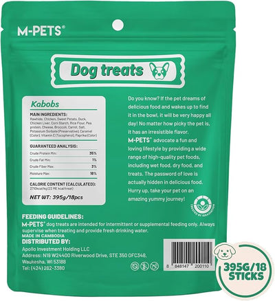 M-PETS Dog Treats, 5 Flavor Dogs Kabob Snacks Long Lasting Chews, Made with Real Chicken and Duck Jerky Meat 18pcs Rawhide Sticks