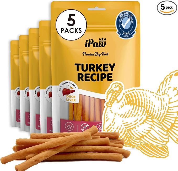 iPaw 5 Stock-Up Combo Turkey Dog Treats, SQF Certified Human Grade Dog Treat, Suitable for Training Chew, Hypoallergenic, Rawhide Alternative, Thin Stick (Duck Liver), 5 Packs