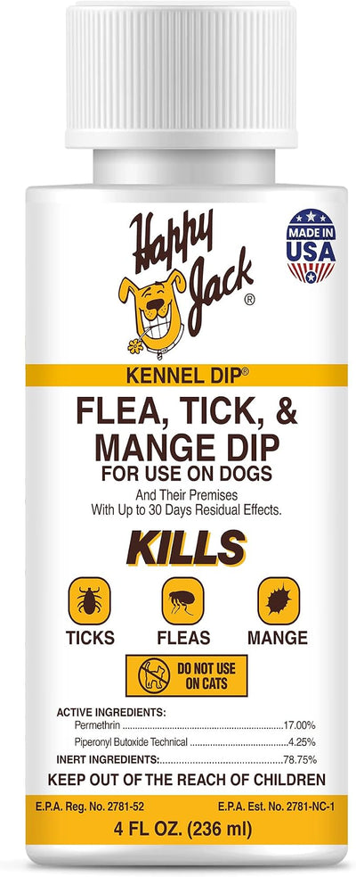 Happy Jack Kennel Dip Dog Flea & Tick Treatment – Professional-Grade Parasite Control Spray for Puppies & Dogs, Kills Fleas, Mange, Lice & Ticks, 30-Day Protection, Indoor/Outdoor Use, (4 oz)