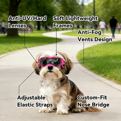 Enjoying Dog Sunglasses Small Breed, Dog Goggles UV Protection, Cycling Eye Protection for Small Dogs, Outdoors Breathable Windproof Dustproof Anti-Fog, Adjustable Straps, Cool Pink