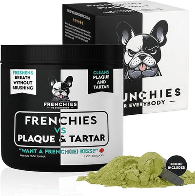 Frenchies vs Plaque & Tartar - Dog Dental Powder for Teeth Cleaning | Dog Breath Freshener & Teeth Cleaning Powder. Plaque remover & bad breath treatment. French Bulldog optimized, all breeds.