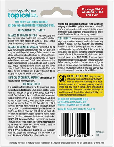 Sergeant's Guardian Pro Flea & Tick Squeeze On Topical for Dogs, 66+ lbs., 3 Count