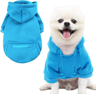 Jecikelon Dog Hoodies for Small Dogs with Zipper Pocket, Soft Fleece Puppy Clothes with Rope Hat, Warm Winter Outfits Cold Weather Coats, Cute Sweatshirt Chihuahua Costume (Blue, X-Large)