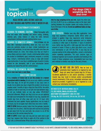 Sergeant's Guardian Flea & Tick Squeeze On Topical for Dogs, 66+ lbs., 3 Count