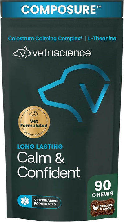 VetriScience Calm & Confident Chews, Composure Clinically Tested Calming and Anxiety Ashwagandha Supplement for Dogs, Stress Relief, Separation Anxiety, Behavior Support, Chicken, 90 Count