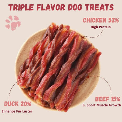 Pawmate Triple Flavored Dog Treats Chicken, Duck & Beef Twists, Healthy Low Fat Dog Jerky Chews, High Protein Training Treats Snacks for Small Medium Large Breed, 10.6 oz
