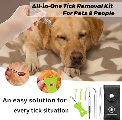 Tick Removal Tool Kit for Dogs Cats and Humans, Stainless Steel Tick Remover Set with 3 Tick Tweezers, 3 Tick Twisters, Tick Key, Tick ID Card and Leather Case for Camping Hiking Outdoor