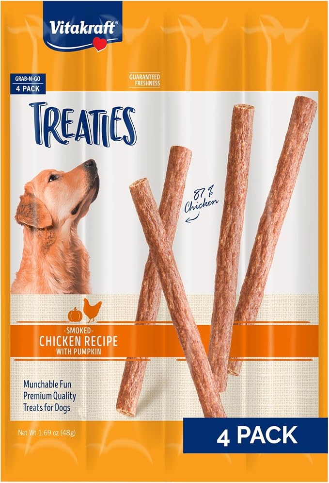 Vitakraft Treaties Dog Chew Sticks - Chicken and Pumpkin - Treats Made with 87% Chicken - Soft Jerky Treats - Dog Chews No Rawhide, 4-Sticks