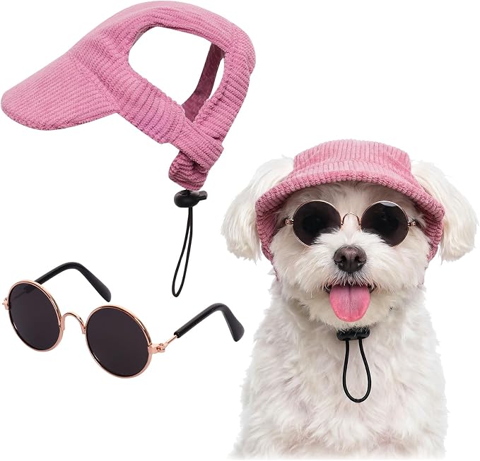 Dog Sun Hat with Sunglasses for Small Dogs Cats, Pink Corduroy Visor Cap with Ear Holes, Gold Frame Round Pet Sunglasses Summer Outdoor Accessories for Toy Poodle, Bichon, Maltese