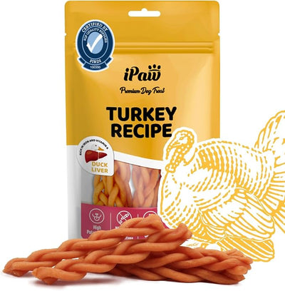 iPaw Turkey Dog Treats, SQF Certified Human Grade Dog Treat, Suitable for Training Chew, Hypoallergenic, Rawhide Alternative, Braided Stick (Duck Liver)