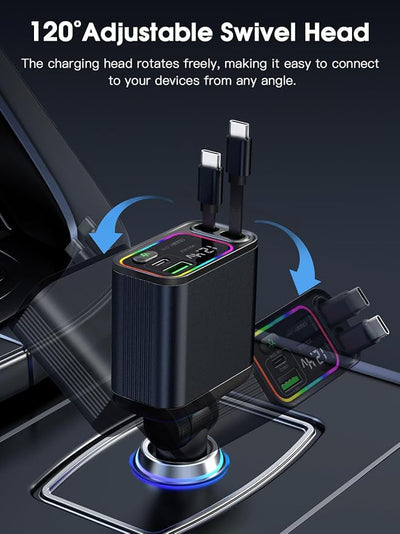 Dual Retractable Car Charger USB C, 145W Fast Charging Type C Car Charger with Retractable Cable, Compatible with iPhone 17/16/15/Air, Samsung S25/24/23/22, Pixel 9/8/7 - Black