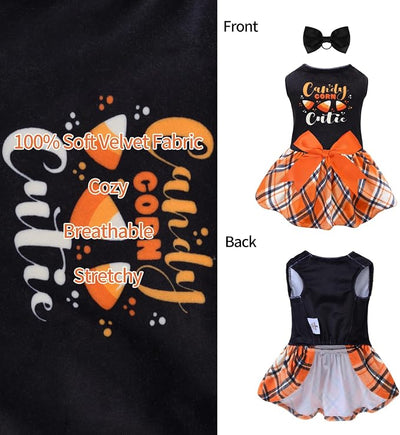 CuteBone Halloween Dog Dresses Velvet Holiday Small Dogs Clothes Onesie Pet Apparel Girl Puppy Skirt with Bow Hair Rope