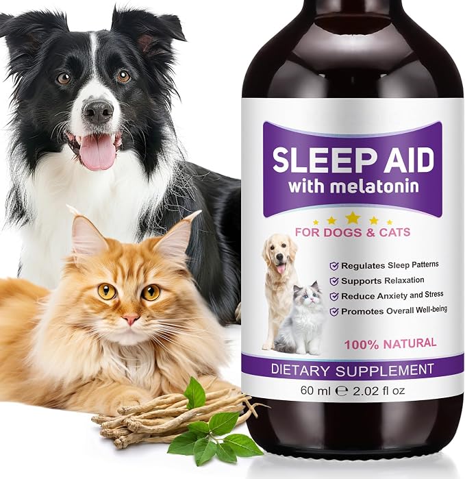 Melatonin for Pets, Melatonin for Dogs, Sleep Aid for Dogs, Melatonins for Cats, Support Aanxiety & Stress Relief, Promotes Relaxation and Deep Sleep, 2Oz Chicken Flavor