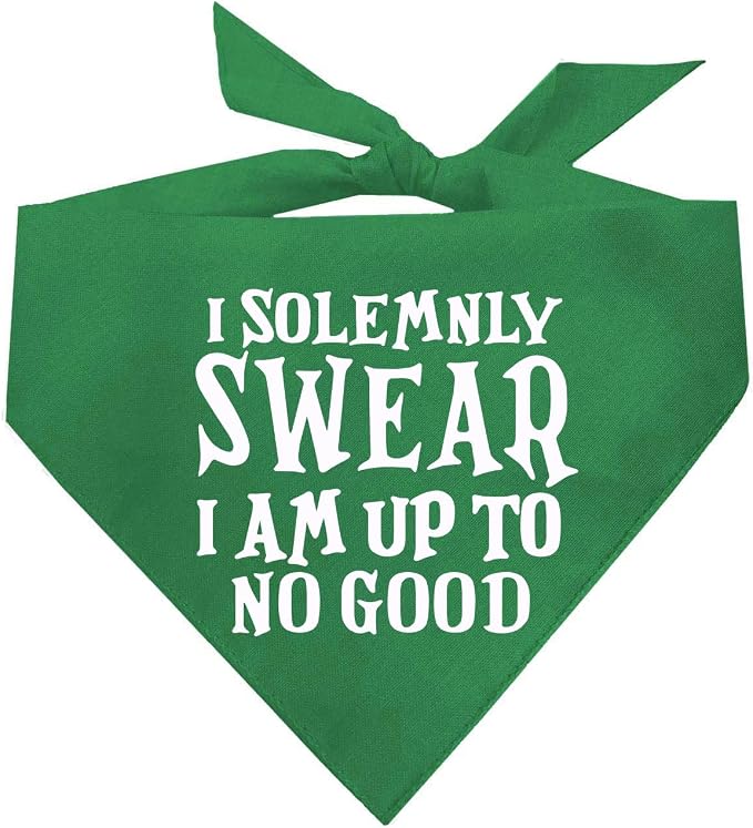 I Swear I'm Up to No Good Dog Bandana | 100% Cotton Adjustable Triangle | Made in USA | Funny Matching Costume | Mischief | Playful Quote Sayings | Green One Size (1101)