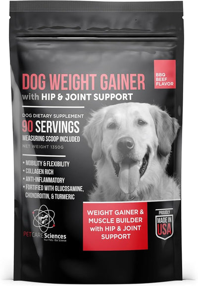 Dog Weight Gainer with Hip and Joint Support - Weight Gain Supplements for Dogs - Canine and Dog Muscle Builder - 90 Servings of Delicious BBQ Beef Flavor Powder - Made in The USA