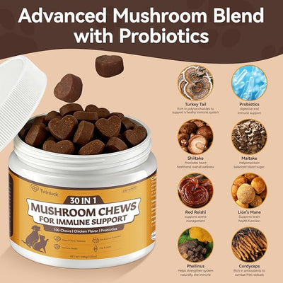 Turkey Tail Mushroom Chews for Dogs & Cats, 100 Chews, 7 Mushroom Blend with 6 Probiotic Strains, Daily Immune and Digestive Support