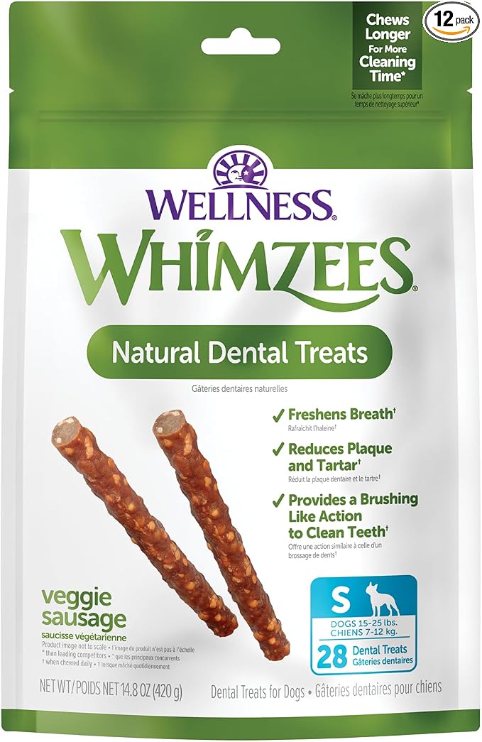 Whimzees Wellness Veggie Sausage Natural Dog Dental Treat, Chews, Freshens Breath, Small Size, 14.81 oz Bag, 28 Count