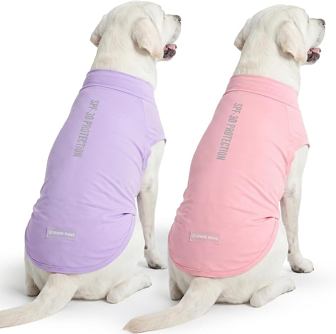 Spark Paws Sunblock Dog T-Shirt, SPF30 Protection, Lightweight Breathable Quick Dry for Dogs with Sensitive Skin - Purple & Pink (Set of 2) - 2XL