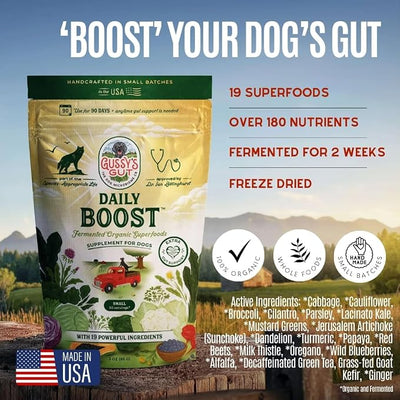 Gussy's Gut Daily Boost- Fermented Organic Superfood Reset & Reboot Dog Gut Health- Human Grade Pre & Probiotic Digestive Supplement- USA Made Small Batch 19 Ingredient Formula Reset Phase (7.5 Oz)