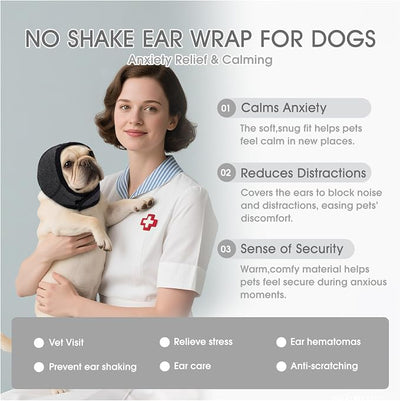 Calming Hoodie Dog Ear Covers Waterproof,No Shake Hematomas Ear Wraps for Dogs,Adjustable Anxiety Relief Head Wrap Muffs Noise Cancelling Protector for Fireworks/Grooming/Bathing/Swim,Grey,L