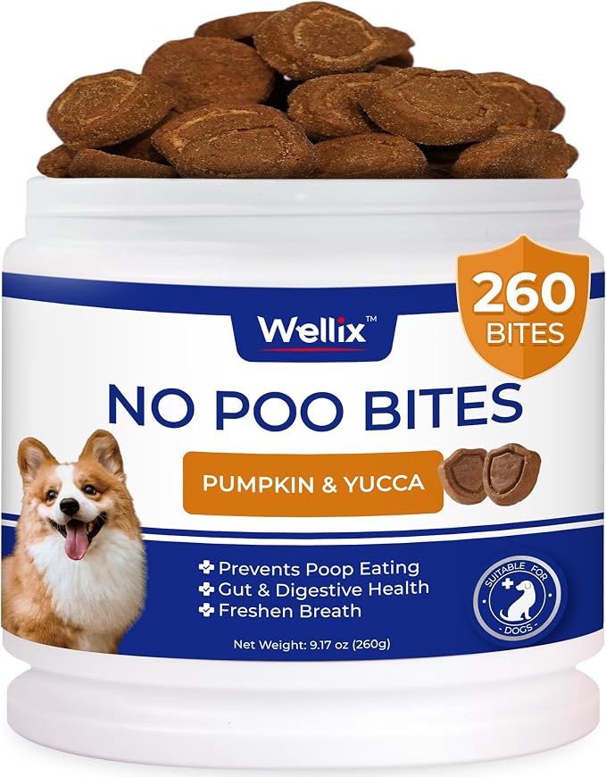 Wellix 260 Bites No Poo Chews for Dogs - Stool Eating Deterrent for Dogs Coprophagia Relief with Probiotics Digestive & Gut Health - Support Breath Freshener & Immune System, Chicken & Pumpkin Flavor