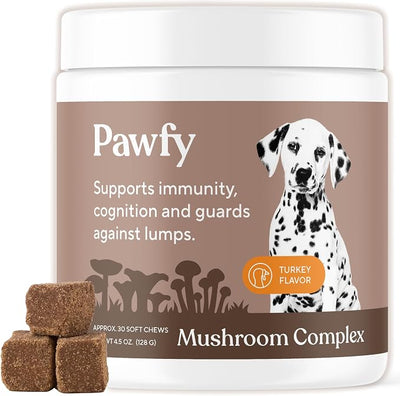 Pawfy Turkey Tail Mushroom Chews for Dogs with Lion’s Mane, Reishi & Adaptogen Blend | Mushroom Complex Dog Supplement | Supports Immune, Brain, Lumps and Bumps & Daily Wellness | 30 Soft Chews