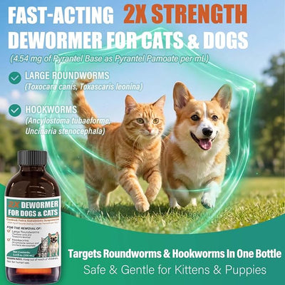Liquid Dewormer 2X for Dogs & Cats, Pyrantel Pamoate Oral Liquid for Large Roundworms & Hookworms, Easy-to-Give Formula for Puppies & Kittens 2 Months & Older, 100 mL