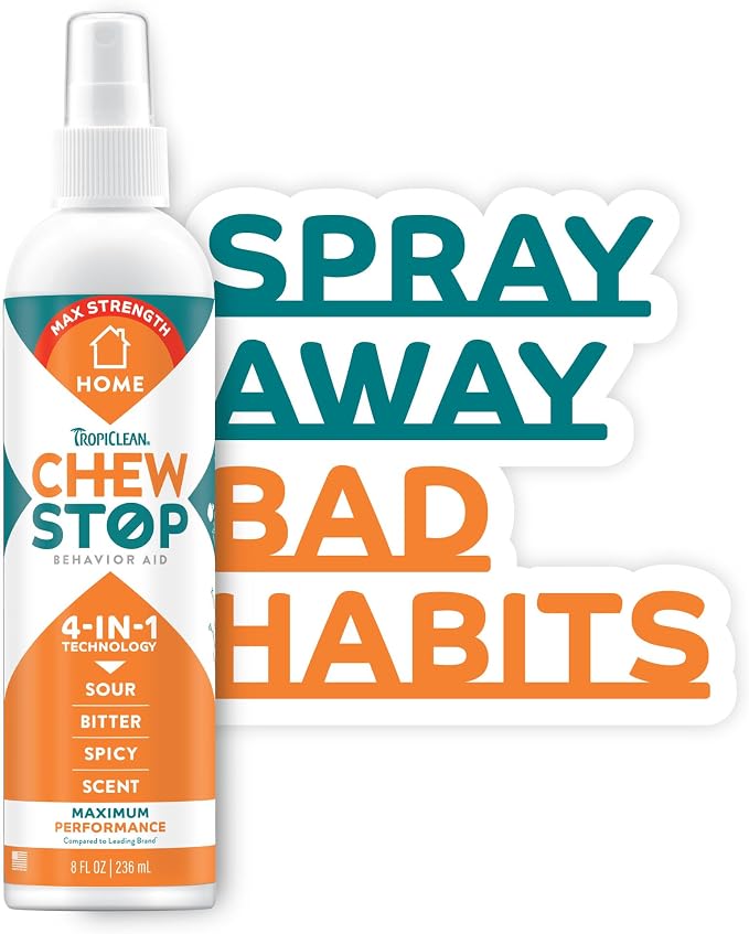 TropiClean No Chew Spray for Home, Better Than Bitter Apple Spray, Safe & Natural Chew Deterrent, Protect Furniture, Wall Corners & More! 8oz