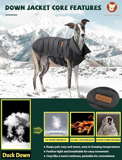 SPACE LION Dog Puffer Jacket, Down Winter Coat, Durable Outdoor Coat for Cold and Windy Conditions, Lightweight & Adjustable Fit Coats for Large Dogs, (Onyx Black, Size22/XL+)