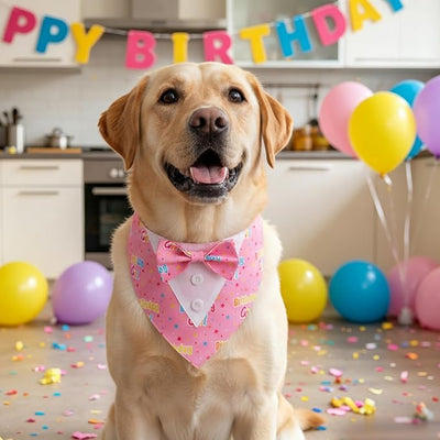 ADOGGYGO Birthday Girl Dog Tuxedo Bandana, Pink Collar with Bow Tie, Adjustable Formal Birthday Costume for Large Dogs (L)