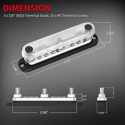 DaierTek 300A Copper Bus Bar 12V, Power Distribution Block with Cover 3 x 3/8” M10 Studs & 10 x M5 Terminal Screws for Car Marine Solar Battery Negative & Positive