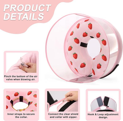Inflatable Dog Cone Collar for Large Medium Small Dogs, Soft Dog Donut Collar Adjustable Recovery Cone for Pets After Surgery, Extra Enhanced Anti-Licking Guard Shield (Strawberry Print, Medium Plus)