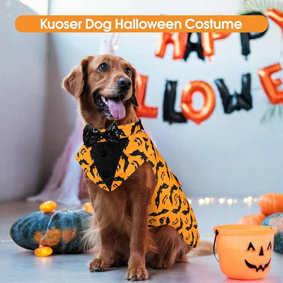 Kuoser Dog Tuxedo Suit and Bandana Set, Bat Pumpkin Print Dogs Halloween Outfit Adjustable Dog Halloween Costume with Bow Tie for Large Medium Small Dogs Golden Retriever Samo Bulldogs, Orange XL