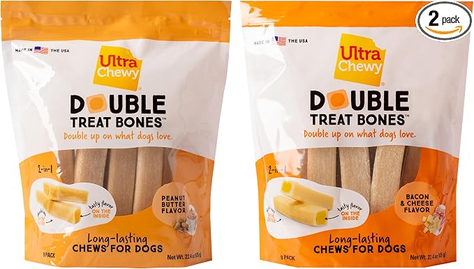 Ultra Chewy Double Treat Bones: Long-Lasting Treats Made in USA for Large and Small Breeds, Highly Digestible, for Aggressive Chewers (Peanut Butter and Bacon Cheese Flavor, 2 Packs)