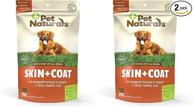 Pet Naturals Skin and Coat for Dogs, Bite-Sized Soft Chews, Salmon Oil and Omega Fatty Acids, Soothe Dry-and Itchy Skin, No Corn or Wheat, Vet Formulated, Veggie Flavor, 30 Count (Pack of 2)