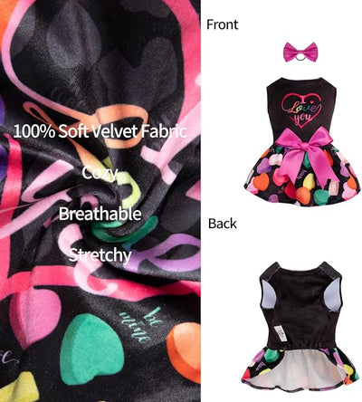 CuteBone I Love U Dress Velvet for Small Dogs Girl Puppy Dresses Black Dog Clothes