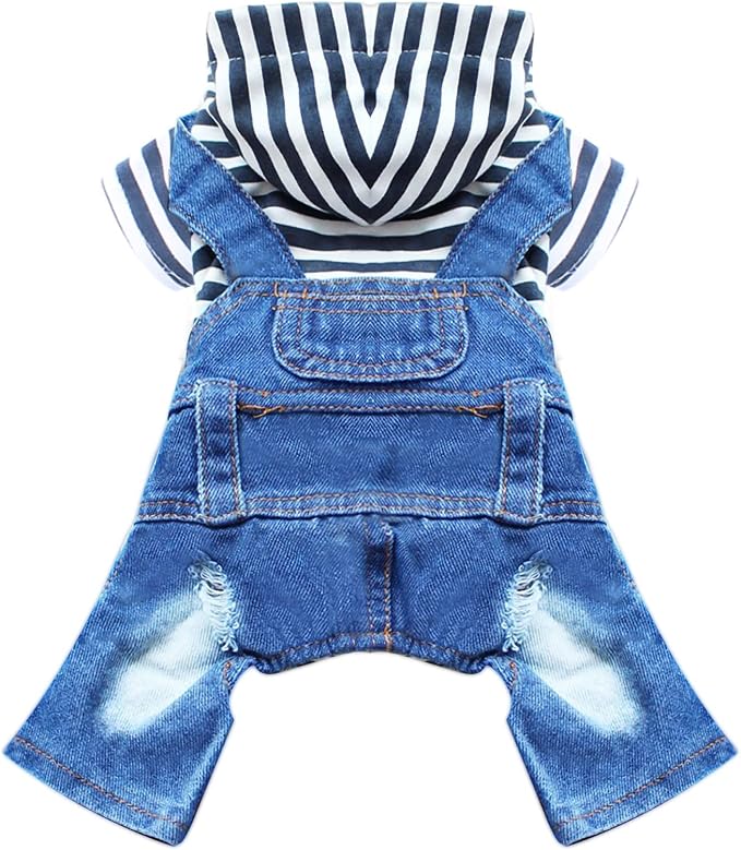 Small Dog Hoodie Clothes Cute Stripe Shirts Denim Jumpsuit One-Piece Outfit for Small Medium Dogs Cats Boy Girl Chihuahua Blue Jeans Overalls Puppy Costume (Blue,L)