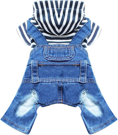 Small Dog Hoodie Clothes Cute Stripe Shirts Denim Jumpsuit One-Piece Outfit for Small Medium Dogs Cats Boy Girl Chihuahua Blue Jeans Overalls Puppy Costume (Blue,M)