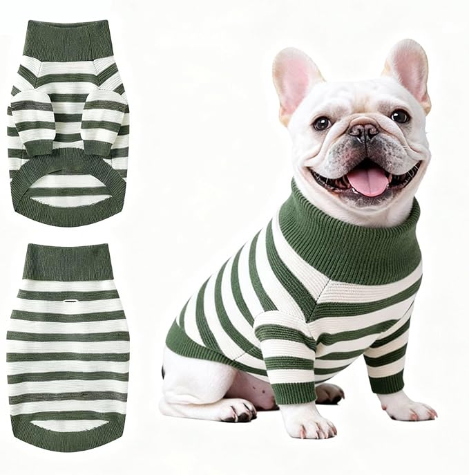 Small Dog Sweater, Knitted Striped Pullover Dog Clothes, Indoor Cozy Stretchy Pajamas for Chihuahua, Bulldog, Dachshund, Pug(Green&White Strip, L)