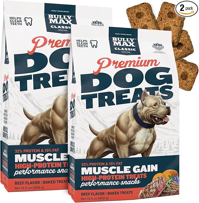 Bully Max Premium High Protein Dog Treats for Puppy & Adult Dogs - Training Dog Food Treats with 32% Protein, Real Meat, Veggies & BCAAs for Small, Medium & Large Breeds - Beef Flavor (2 Pack)