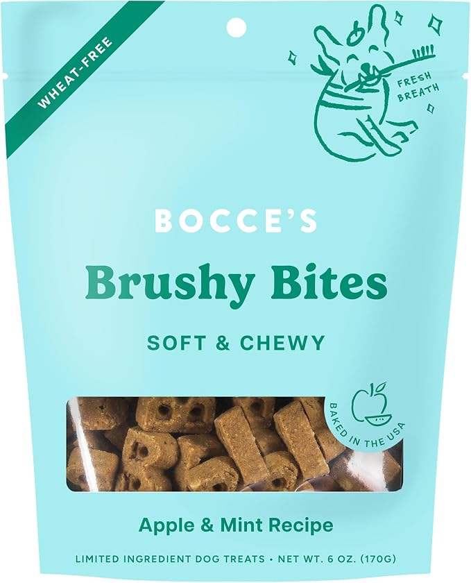 Bocce's Bakery Dailies Brushy Bites Dog Treats for Wellness Support, Wheat-Free Dog Treats, Made with Real Ingredients, Baked in The USA, Natural Soft & Chewy, Apple & Mint Recipe, 6 oz