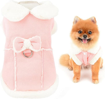 SMALLLEE_LUCKY_STORE Fleece Dog Coat for Small Dog Pet Harness Jacket with Bow and D-Ring, Soft Vest Fall Winter Clothes with Fuzzy Collar Chihuahua Yorkie Cat Apparel, Pink, S