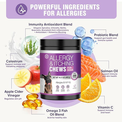 Dog Allergy Chews 200ct - Dog Allergy and Itching Skin Relief Anti Itch Aller Immune Bites for Dogs licking Paws Treatment Relief Itchy Chew Probiotics Vitamins for Skin and Coat Allergies - Chicken