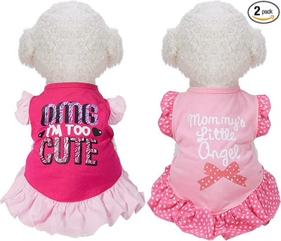 2 Pieces Dog Dresses for Dogs Cute Girl Female pet Dress Mommy Puppy Shirt Skirt Dresses Pet Summer Clothes Apparel for Cats(OMG and Angel,Medium)