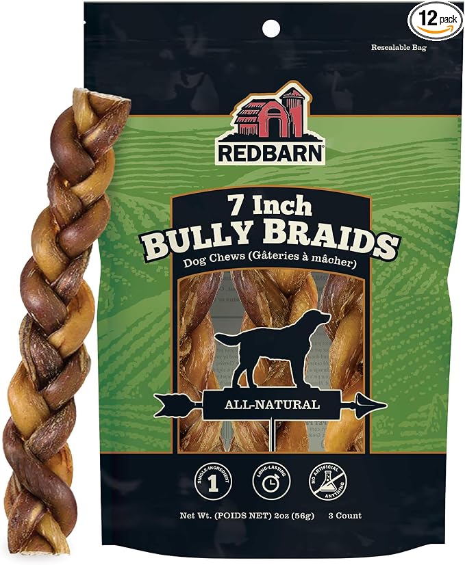 Redbarn Pet Products 7" Braided Bully Sticks for Dogs - Natural, Grain-Free, Highly Palatable, Long-Lasting Dental Chews Sourced from Free-Range, Grass-Fed Cattle, 3-Count, Pack of 12
