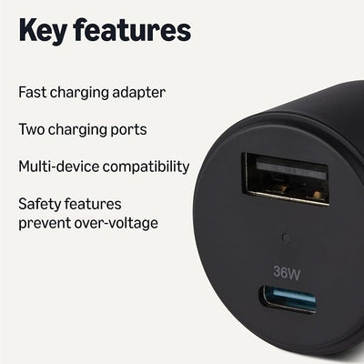 Amazon Basics Fast-Charging Car Charger, Dual-Port, 1 USB-C + 1 USB-A, 48W, Black