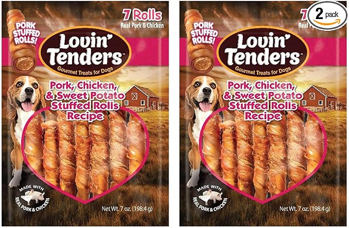 Lovin Tenders Pork Chicken & Sweet Potato Stuffed Rolls Dog Treats (2 Pack - 7 oz per Pack)