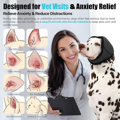 Dog Ear Muffs Wrap for Hematoma, Bathing, Drying, Swimming & Noise Anxiety Relief- Elastic Waterproof Ear Protection with Calming Hoodie Design for Grooming