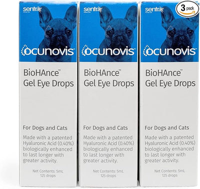 Sentrx - Ocunovis Gel Eye Drops for Dogs and Cats with Dry Eyes, Hydrating Cat and Dog Eye Drops with Hyaluronic Acid, Non-Blurring and Non-Stinging Artificial Tears, 5 ml, 3 Pack