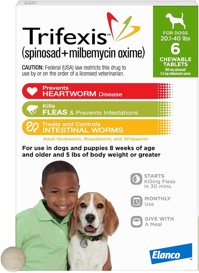 Trifexis Heartworm Prevention | Treats & Controls Flea Infestations + 4 Other Worms | Dogs 20.1-40 lbs.|1 Chewable